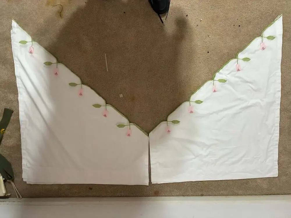 Virginia White Curtain Valance Embroidered Pink Tulips & Green Stem Scalloped Ed